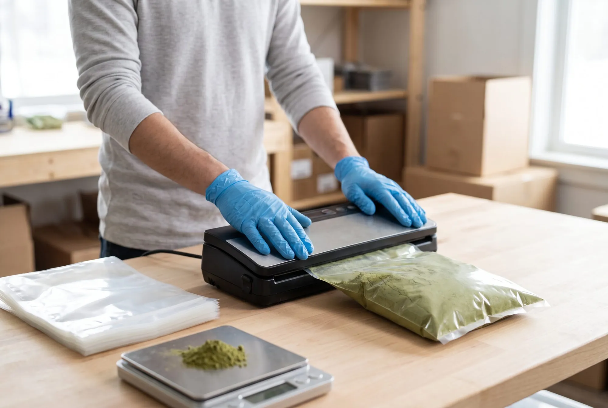 Vacuum sealing a sterilized bag of kratom powder