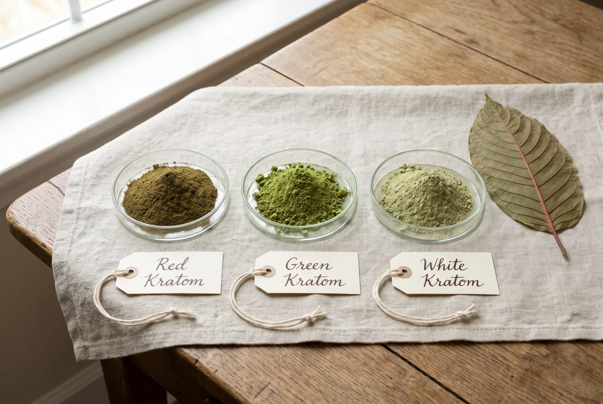 Red, green and white kratom powder specimens
